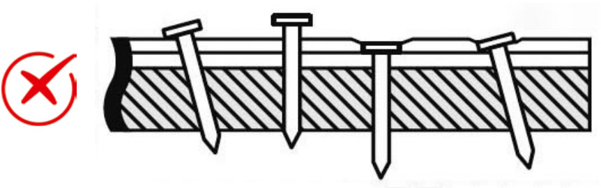 Пример неправильной забивки гвоздей при
                    монтаже продукции.